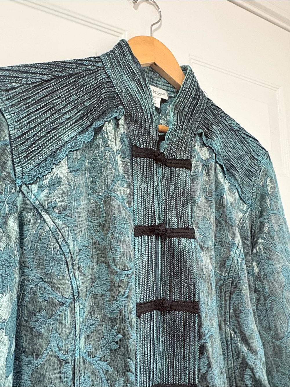 Vintage-Inspired Teal Brocade Jacket with Mandarin Collar Size XL - Picture 2 of 16